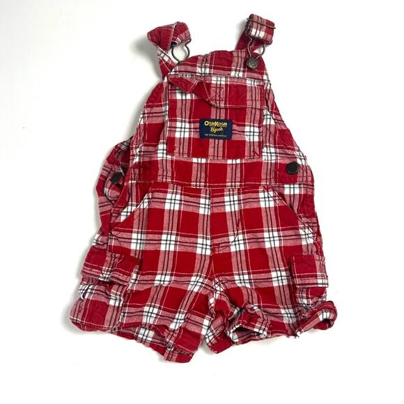 OshKosh B'gosh Other - Oshkosh B’gosh Red Plaid Shorty Overalls Shorteralls 9m